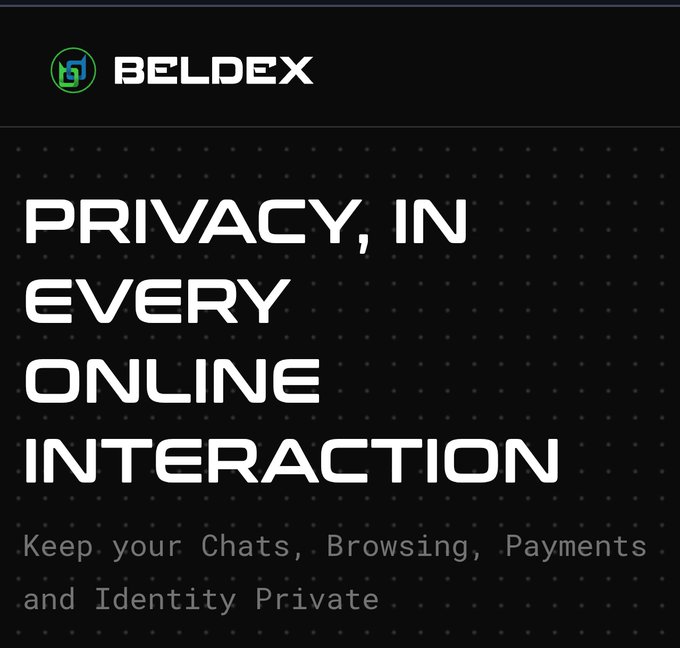 The image displays a dark promotional graphic for Beldex featuring its logo and the bold headline "PRIVACY, IN EVERY ONLINE INTERACTION," with the tagline "Keep your Chats, Browsing, Payments and Identity Private."

This aligns with the post's message about Beldex building privacy-focused blockchain infrastructure that goes beyond just a feature to protect user data across all online activities.
