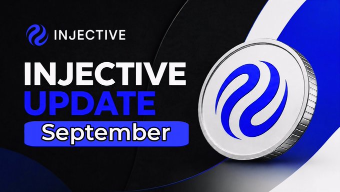 A promotional graphic for 'INJECTIVE UPDATE September' with a blue and black color scheme and a metallic coin featuring the Injective logo.