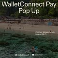 A dark-themed graphic advertises 'WalletConnect Pay Pop Up' for the Coinbase Wallet, featuring satellite imagery.