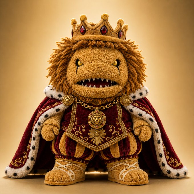 A plush toy monster character dressed as a king with a gold and red jeweled crown, a red and gold royal cape with fur trim, and decorative medallions.