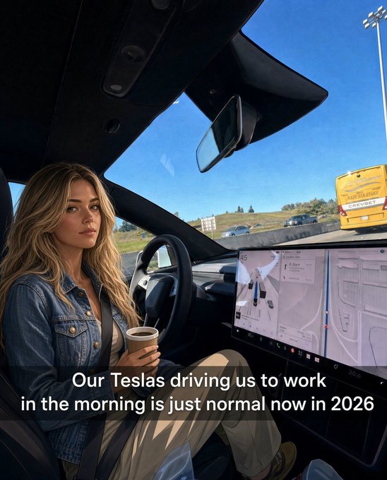 A young woman sitting in the driver's seat of a Tesla, holding a coffee cup, with the car's touchscreen displaying navigation, and text overlay reading 'Our Teslas driving us to work in the morning is just normal now in 2026'.