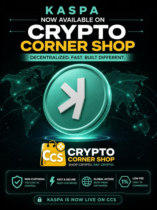 A promotional graphic for 'KASPA Now Available on Crypto Corner Shop,' featuring the Kaspa 'K' logo and tags like 'Decentralized, Fast, Built Different.'