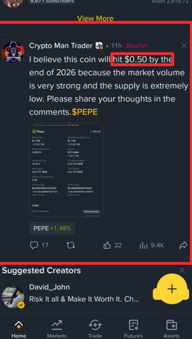 A cryptocurrency app post from 'Crypto Man Trader' making a bearish prediction that the coin will hit $0.50 by end of 2026 for $PEPE, including token statistics showing PEPE up 1.48%.