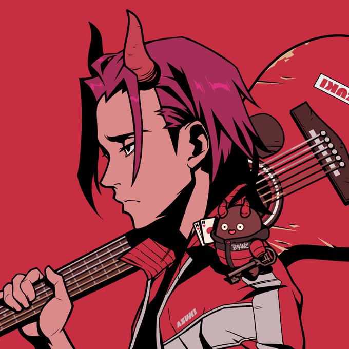 An anime-style illustration of a red-haired character with a horn playing a guitar, featuring a small brown 'BEANZ' mascot character with a jack of hearts playing card attached.