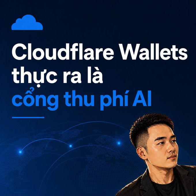 A graphic with a dark blue background featuring Vietnamese text "Cloudflare Wallets thực ra là cổng thu phí AI" alongside a photo of a young Asian man.