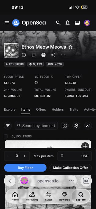 An OpenSea mobile app screenshot displaying the 'Ethos Meow Meows' NFT collection with a floor price of $18.73, total volume of $9,803.92, and 6,193 items.