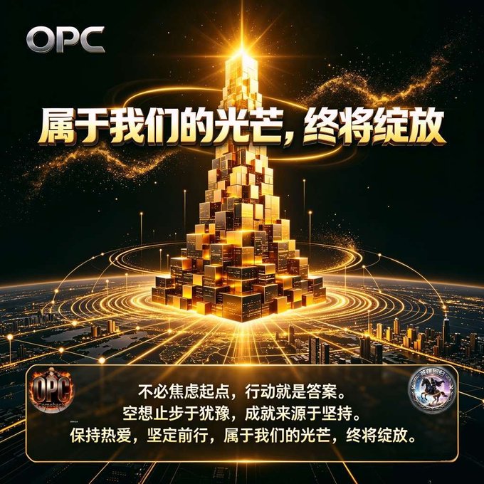 A promotional graphic featuring a glowing golden tower made of blocks, with 'OPC' branding and Chinese text reading '属于我们的光芒，终将绽放' (Our light will eventually bloom) along with motivational Chinese phrases below.