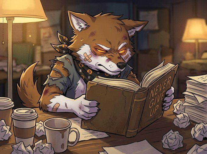 An anime/illustrated style image of a battered, bandaged anthropomorphic wolf/dog character with a bandana reading 'NEVER GIVE UP' while reading a matching book, surrounded by coffee cups and crumpled paper.