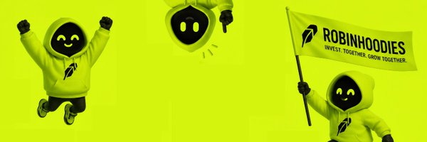 A bright yellow-green promotional graphic for 'ROBINHOODIES' featuring hooded mascot characters and the tagline 'INVEST. TOGETHER. GROW TOGETHER.'