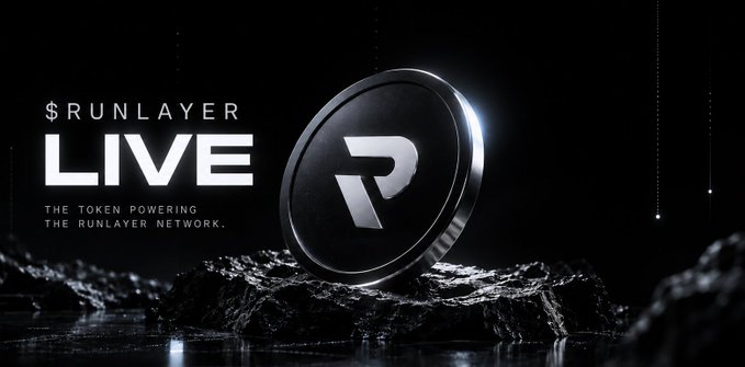 Promotional graphic for '$RUNLAYER LIVE' cryptocurrency token, featuring a black coin with the 'R' logo resting on dark rocks, with the tagline 'THE TOKEN POWERING THE RUNLAYER NETWORK.'