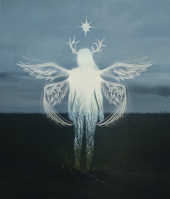An ethereal angelic figure with antlers and wings, composed of light and tree branches, standing in a dark field with a star above its head.