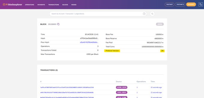 The Pi BlockExplorer displays block 2939883 with a yellow "Protocol Version: 26" indicator, confirming the recent Mainnet upgrade to Pi Protocol 26, while showing 3 transactions completed in 1000 seconds per block.