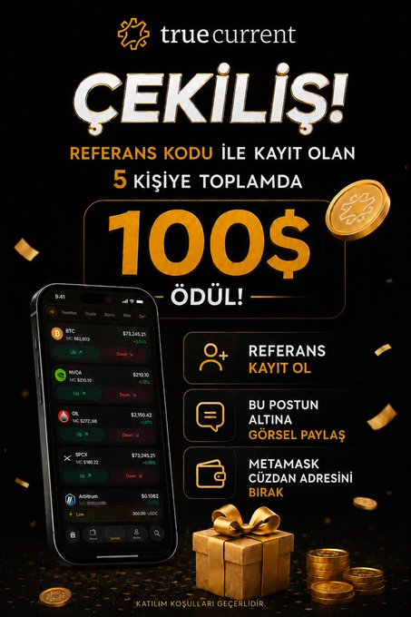A promotional advertisement for TrueCurrent featuring a "$100" giveaway to 5 people who register with a referral code, displaying a crypto app interface on a smartphone showing Bitcoin, Solana, and other token prices, alongside Turkish text ("ÇEKİLİŞ!") and entry instructions for following the page, retweeting, and sharing a MetaMask wallet address.