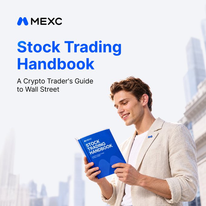 A promotional image for "MEXC Stock Trading Handbook: A Crypto Trader's Guide to Wall Street" showing a smiling man holding the blue book.