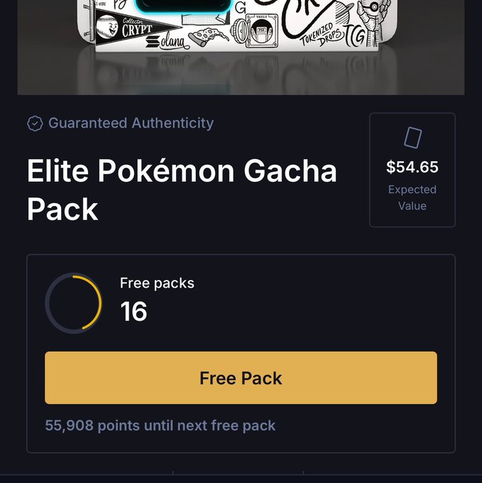 A digital interface for an 'Elite Pokémon Gacha Pack' priced at $54.65 expected value, showing 16 free packs available and a yellow 'Free Pack' button, with 55,908 points until the next free pack.