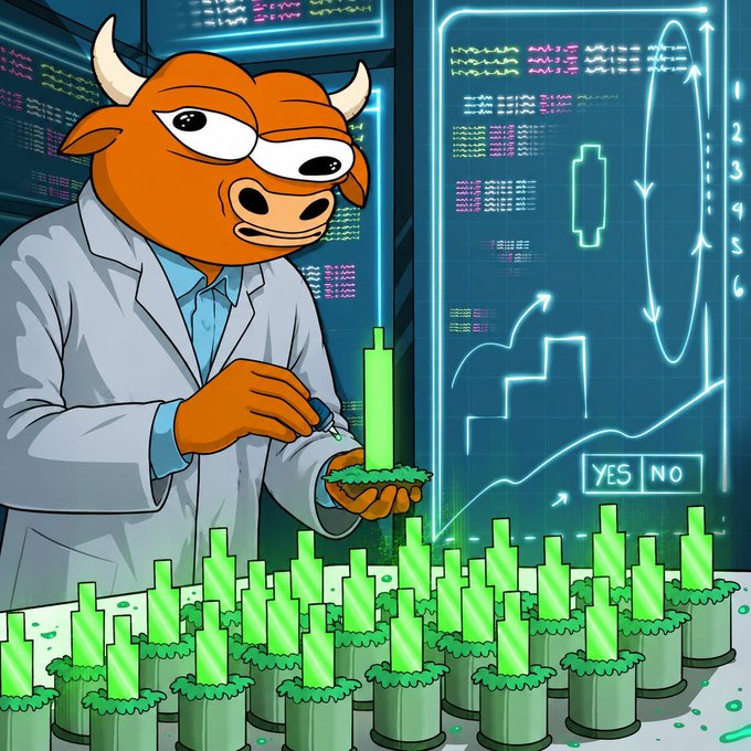 An AI-generated cartoon image of an anthropomorphic bull in a lab coat tending to a field of green pipes with candles, surrounded by stock market charts and YES/NO indicators.