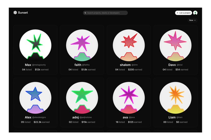 A dark-themed dashboard labeled 'Sunset' displays eight user profiles (Max, faith, shalom, Davx, Alex, adnj, ava, Liam) each featuring a colorful 3D star graphic and stats showing projects listed and earnings.