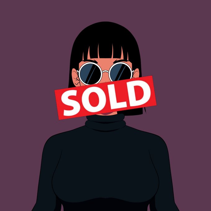 A digital illustration of a woman with a black bob haircut and round sunglasses, wearing a black turtleneck, with a red 'SOLD' stamp across her face.