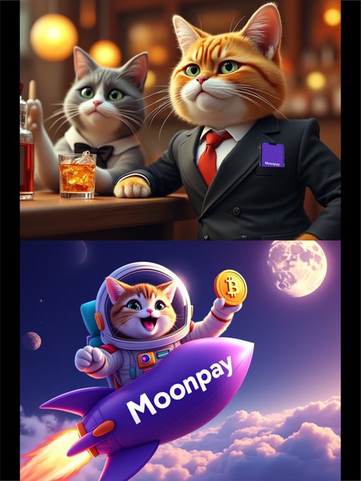 Two-panel advertisement for Moonpay featuring cartoon cats in formal attire at a bar in the top image and a cat riding a rocket ship to the moon holding a Bitcoin in the bottom image.
