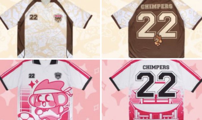 Two new Chimpers futbol jerseys are displayed, featuring the number "22" and "CHIMPERS" text on the back, with one design in brown/cream tones and another in white/pink featuring a cartoon monkey character.