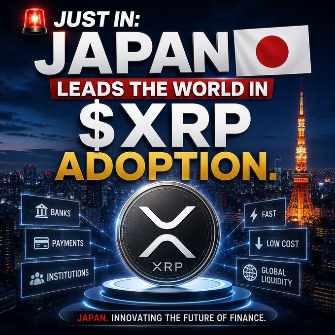 A promotional graphic announces "JUST IN: JAPAN LEADS THE WORLD IN $XRP ADOPTION," featuring a large central XRP coin set against a Tokyo cityscape with Tokyo Tower, the Japanese flag, and bullet points highlighting "BANKS, PAYMENTS, INSTITUTIONS" and benefits like "FAST, LOW COST, GLOBAL LIQUIDITY," with the tagline "JAPAN. INNOVATING THE FUTURE OF FINANCE."