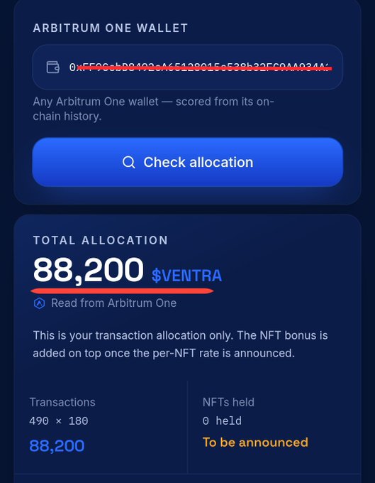 An Arbitrum One wallet allocation page showing a total allocation of 88,200 $VENTRA tokens, with 490 transactions × 180 and 'To be announced' for NFTs held, featuring a red strikethrough across the wallet address and total.