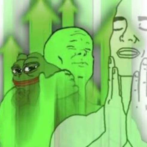 A meme image showing a Wojak character with a smug expression overlaid on a green-tinted version, with a smaller Pepe the Frog character, against a background of green upward arrows.