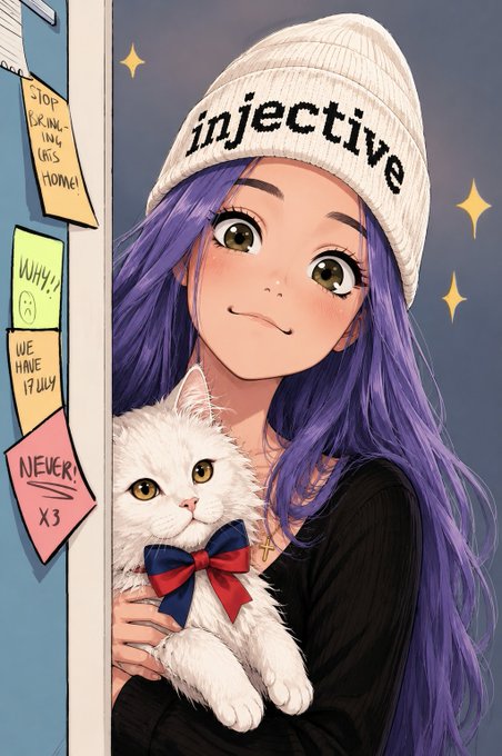 The image features a girl with purple hair holding a white cat, both wearing matching white hats. The girl has long hair that reaches down past her shoulders. In the background, there are several notes posted on a wall or bulletin board, including one that says "INJECTIVE". The text in the image seems to be related to an art project or a creative endeavor involving the girl and the cat.
