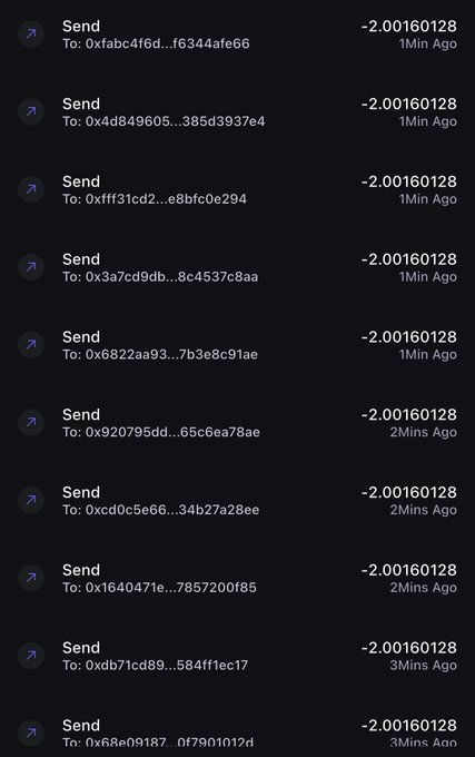 A list of crypto "Send" transactions showing -2.00160128 sent to various wallet addresses, all occurring within the last 1-3 minutes, indicating a recent bulk transfer to multiple recipients likely being alerted to check their wallets.