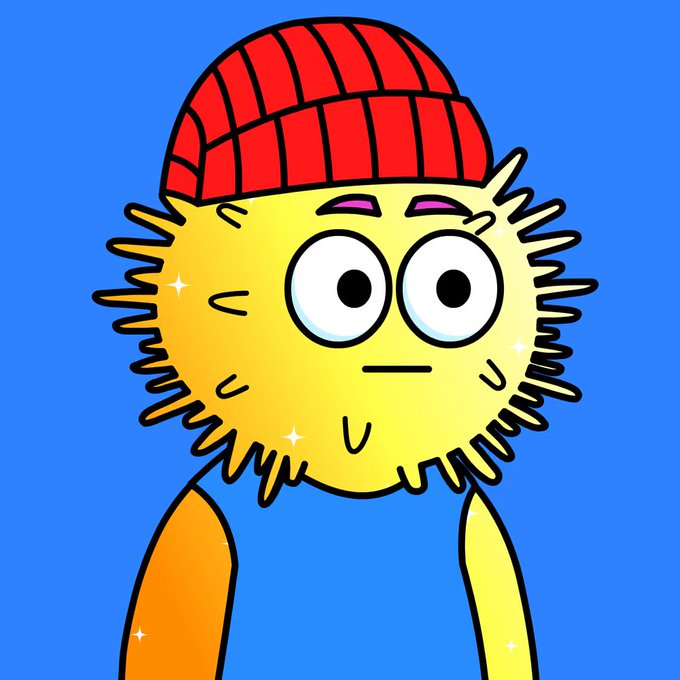 A cartoon yellow character with a fuzzy, sun-like face, large expressive eyes, and a red beanie is shown against a blue background. The image appears to be an avatar or mascot for "UrchinFrens," tying in with the Sunday Pay Day Giveaway post that encourages users to follow the project for a chance to win an NFT.