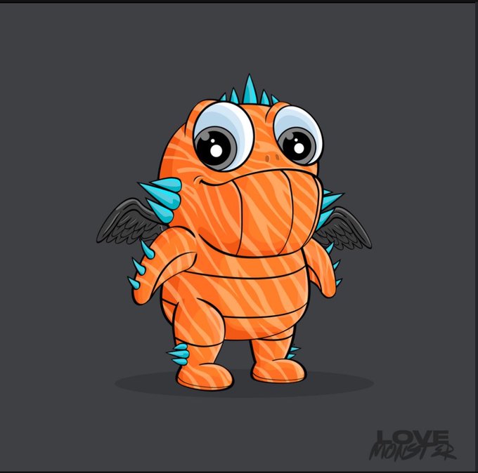 A cartoon illustration of an orange, dragon-like creature with large eyes, blue spikes, and small black wings, signed 'Love Monster' in the bottom right corner.
