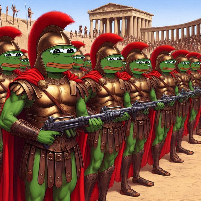 An illustration depicts Pepe the Frog depicted as Roman legionaries wearing golden armor and red-plumed helmets, armed with modern rifles and standing before a classical temple.