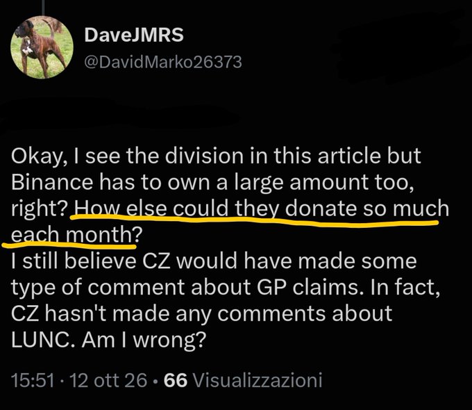 A tweet from DaveJMRS (@DavidMarko26373) asking about Binance and CZ's ownership of crypto, with the text 'How else could they donate so much each month?' highlighted in yellow.