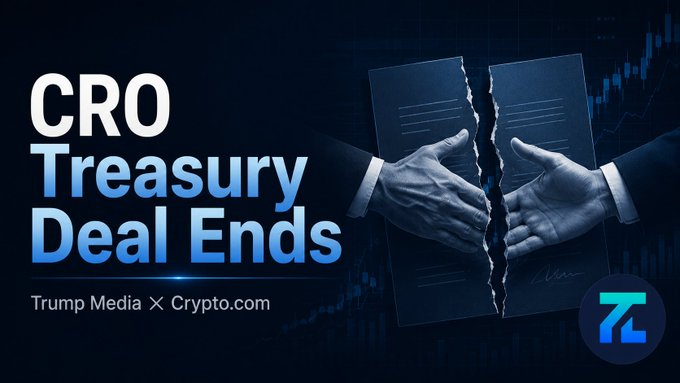 A news graphic with a dark blue background announcing "CRO Treasury Deal Ends" between "Trump Media" and "Crypto.com," featuring hands tearing a document in half.