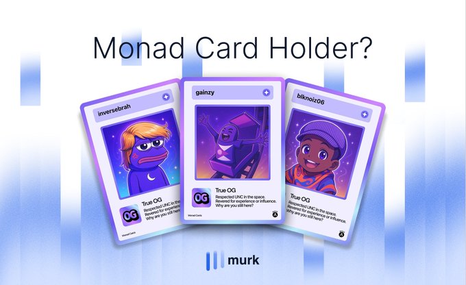 The image shows a promotional graphic titled "Monad Card Holder?" featuring three stylized purple trading cards with cartoon avatars labeled "inverseebraht," "gainzy," and "blknolz06," each marked "True OG," alongside the Murk Finance logo. It visually reinforces the post by advertising exclusive closed-beta access to Murk Finance for Monad card holders, with a Telegram link for sign-ups.