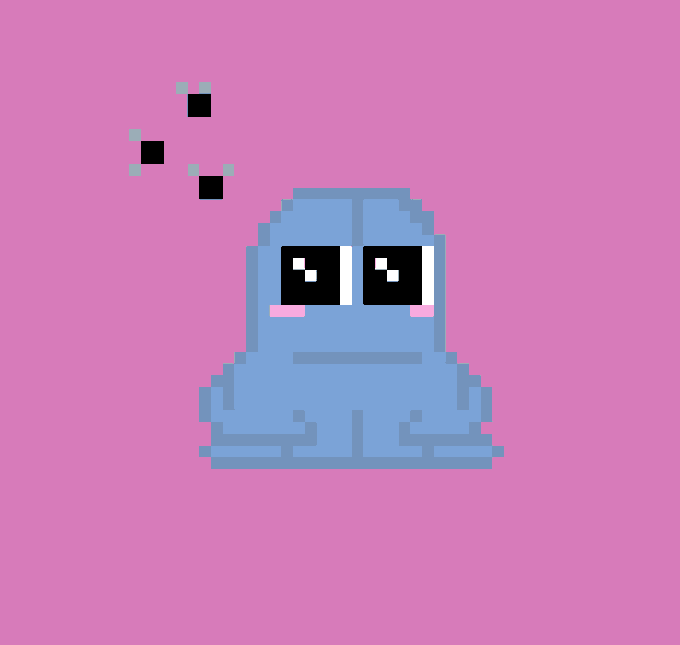 A simple pixel art illustration of a blue frog or character wearing large black sunglasses with a blank expression on a pink background, with a few floating pixels above.