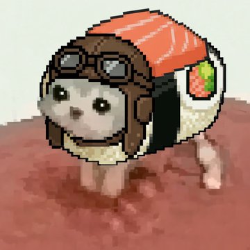 A pixelated illustration of a small dog wearing an aviator cap with goggles and a small backpack, standing on a reddish surface.