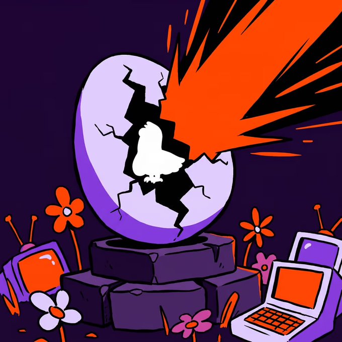 A digital illustration shows a cracked purple egg with a bird hatching inside, emitting a bright orange explosion of energy, surrounded by flowers and retro TVs/computers, symbolizing the "minting" of a new NFT. The imagery of the egg hatching with energy bursting out visually represents the launch of the 3,000-supply free mint referenced in the post.