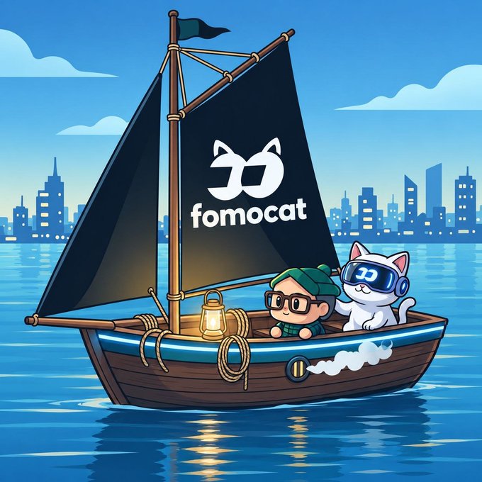 A digital illustration of a small sailboat on the water with a city skyline in the background, carrying a boy in glasses and a white cat wearing blue VR goggles. The black sail features the 'fomocat' logo and text.