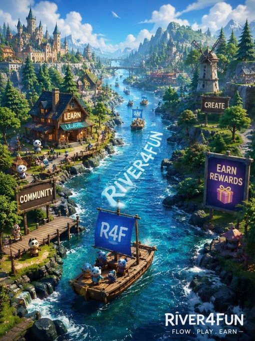 Vibrant fantasy landscape artwork for 'RIVER4FUN' featuring a river with boats, castles, and signs for 'LEARN', 'RANK', 'CREATE', 'EARN REWARDS', and 'COMMUNITY', with the tagline 'FLOW . PLAY . EARN'.