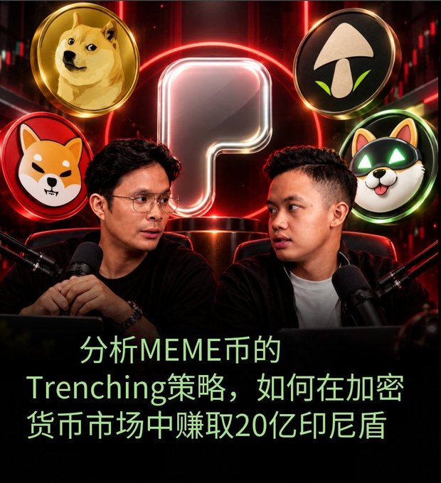 A YouTube thumbnail featuring two men with microphones in front of a YouTube logo and Doge/Shiba Inu crypto coin graphics, with Chinese text discussing MEME coin trenching strategies and 20 billion Indonesian rupiah profits.