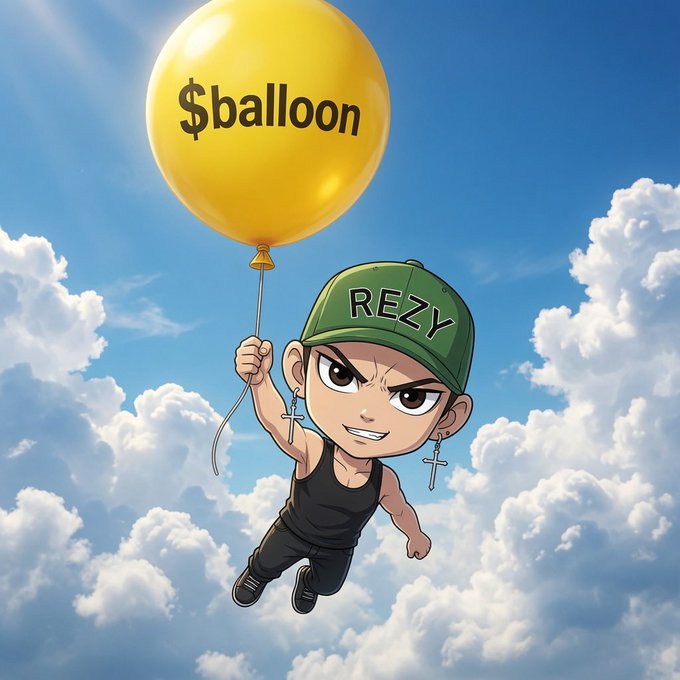 An animated character wearing a green cap labeled 'REZY' and cross earrings floats through a cloudy sky while holding a yellow balloon inscribed with '$balloon'.