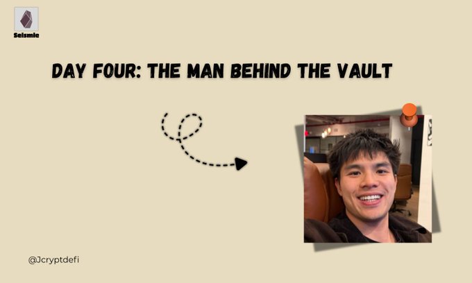 A beige social media graphic titled 'DAY FOUR: THE MAN BEHIND THE VAULT' featuring a photo of a smiling young man on the right, with the Selanim logo and handle '@Jcryptdefi' visible.