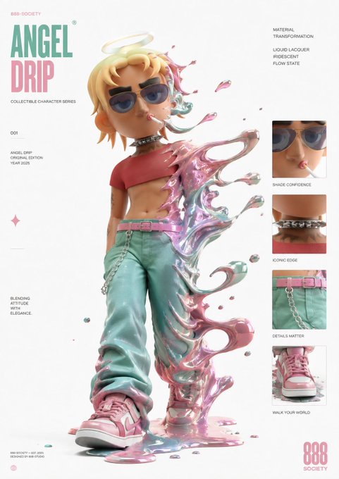 A promotional product sheet for '888 SOCIETY' showcasing the 'Angel Drip' collectible character figurine year 2025, highlighting details like 'shade confidence' and 'iconic edge'.