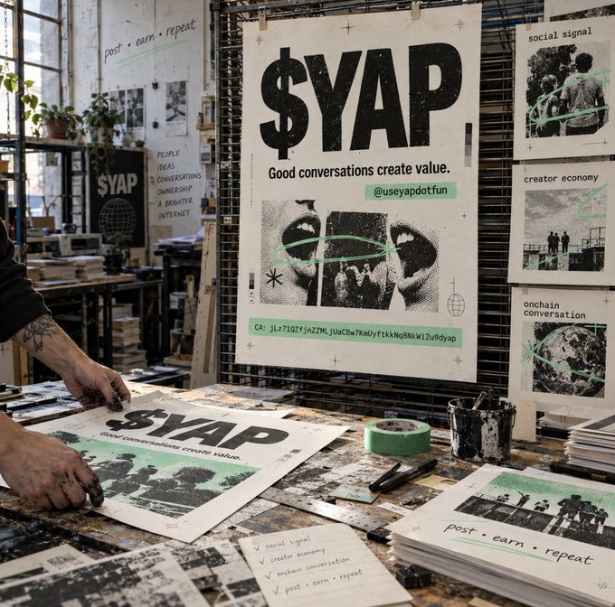 A gritty urban workspace scene featuring '$YAP' (pronounced 'chat') branding posters with the tagline 'Good conversations create value.' and 'post • earn • repeat', showing a person with tattooed hands working on prints surrounded by design materials.