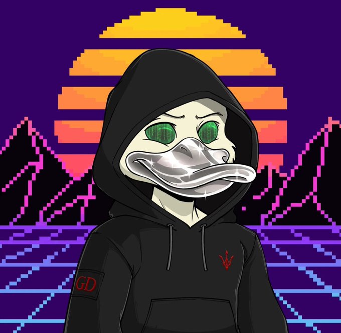 A digital illustration of a hooded figure with a duck-like metallic mask, green eyes, and a 'GD' patch, set against a retro pixel-art sunset and grid background.
