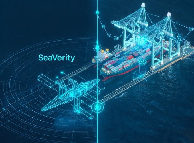 A futuristic blue-toned digital graphic showing a container ship at a port with holographic crane overlays, labeled 'SeaVerity' on the left side.