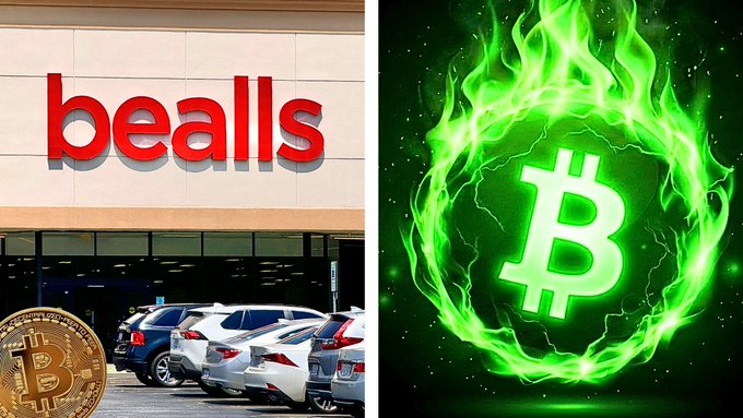Split image showing a 'bealls' storefront with a Bitcoin coin graphic on the left, and a green Bitcoin logo engulfed in flames on the right.