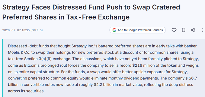 The image shows an article headline and snippet about "Strategy Faces Distressed Fund Push to Swap Cratered Preferred Shares in Tax-Free Exchange" on 2026-07-07. This relates to the post by suggesting a swap of preferred shares for common stock, potentially diluting $MSTR and $STRC holders.