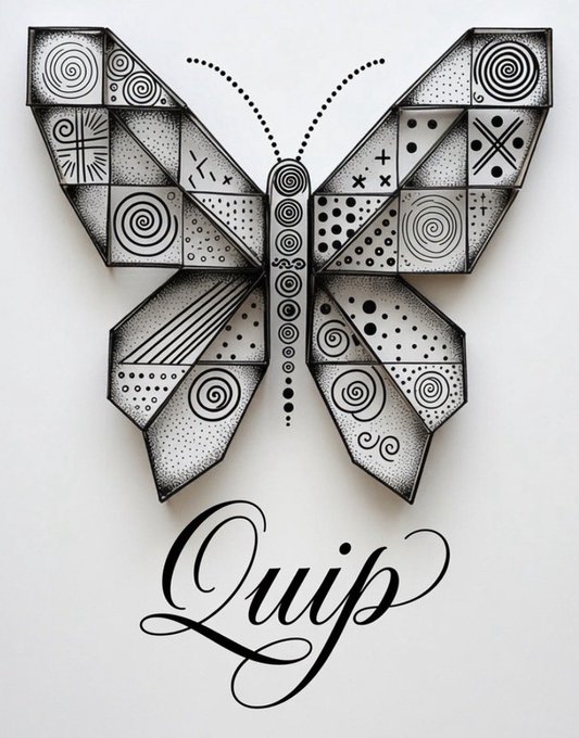 A detailed black and white geometric butterfly drawing with various patterns inside its wings, with the word 'Quip' written in elegant cursive script below it.